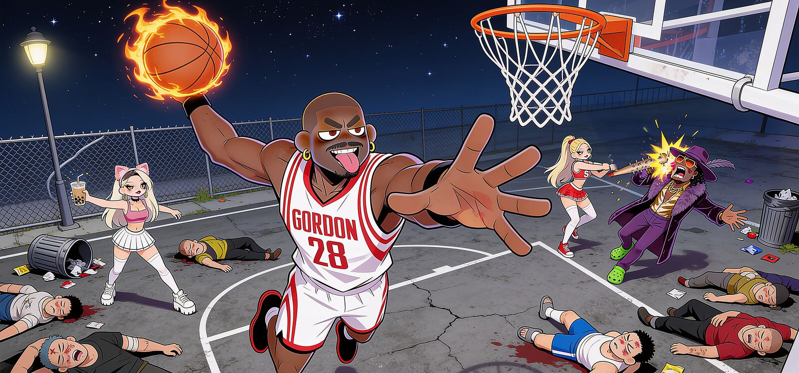 Street Survivors key art: Gordon soars toward the hoop with a flaming basketball while Candy and Jess clear the court behind him