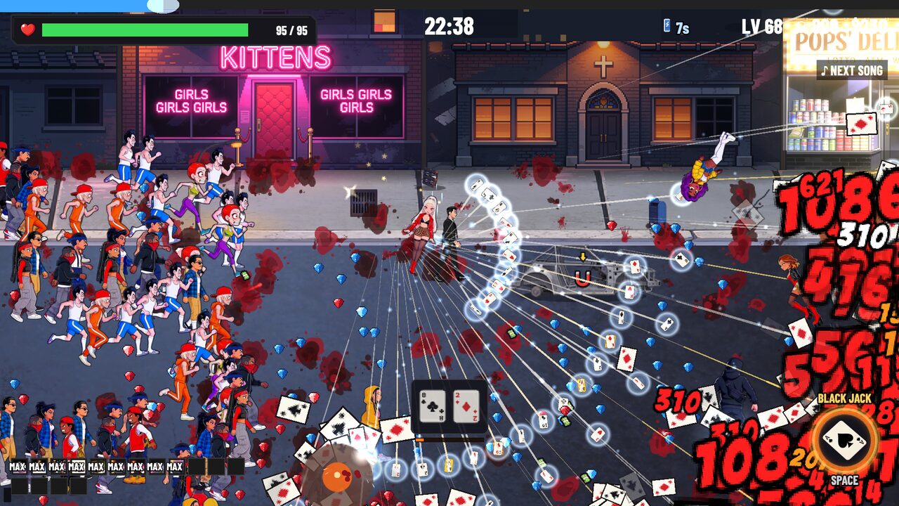 Mikey with a maxed build, a storm of projectiles outside the club